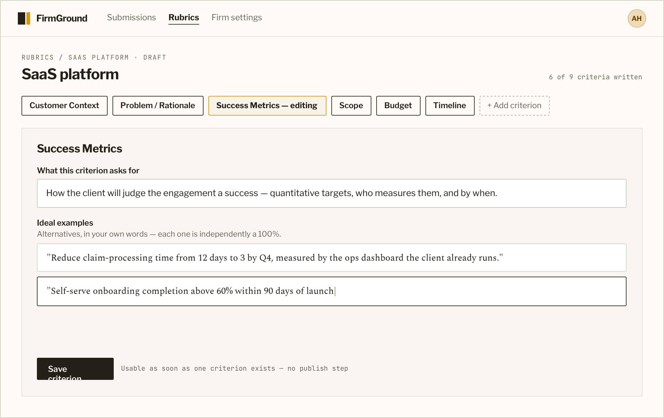 Criterion editor — description and ideal answer