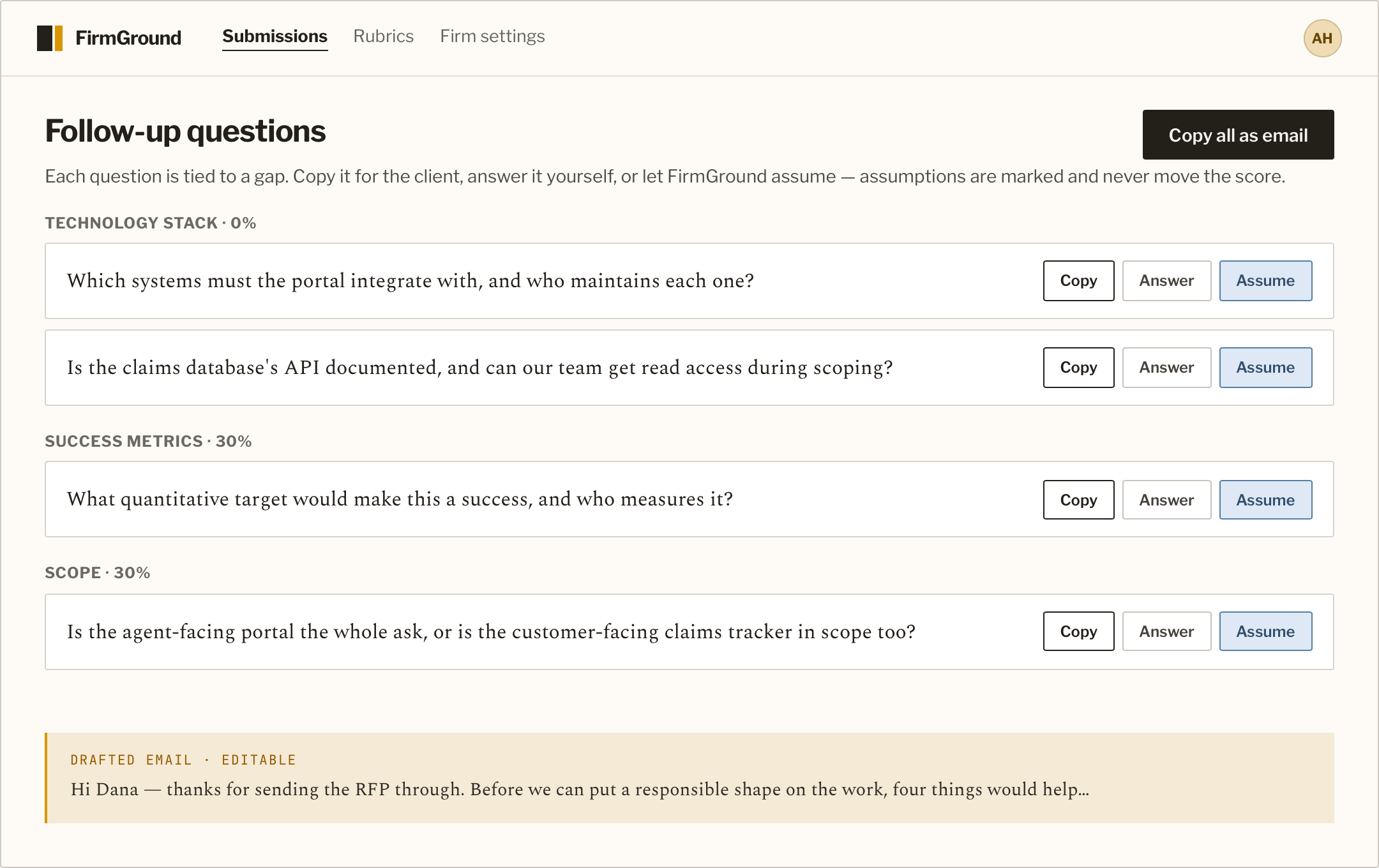 Follow-up questions and drafted email