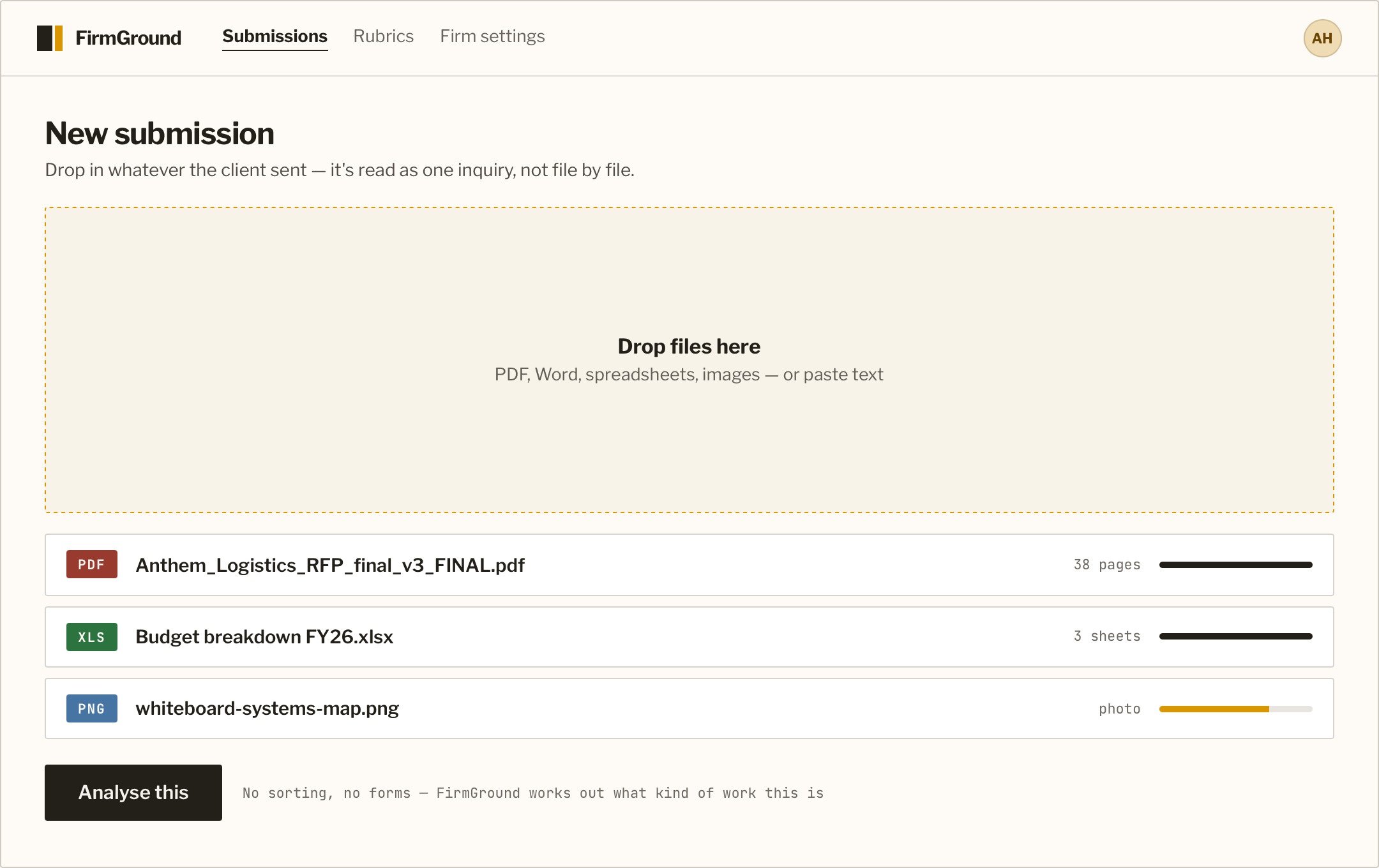 Upload — mixed files dropped into one inquiry